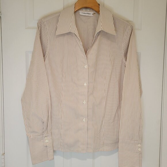 CALVIN KLEIN Blouse Tan & White Stripes - Picture 2 of 10
